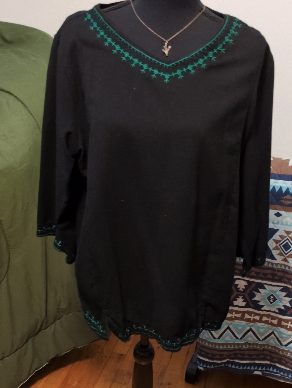 Black Women's Embroidered V-Neck Tunic Top - Green Accent
